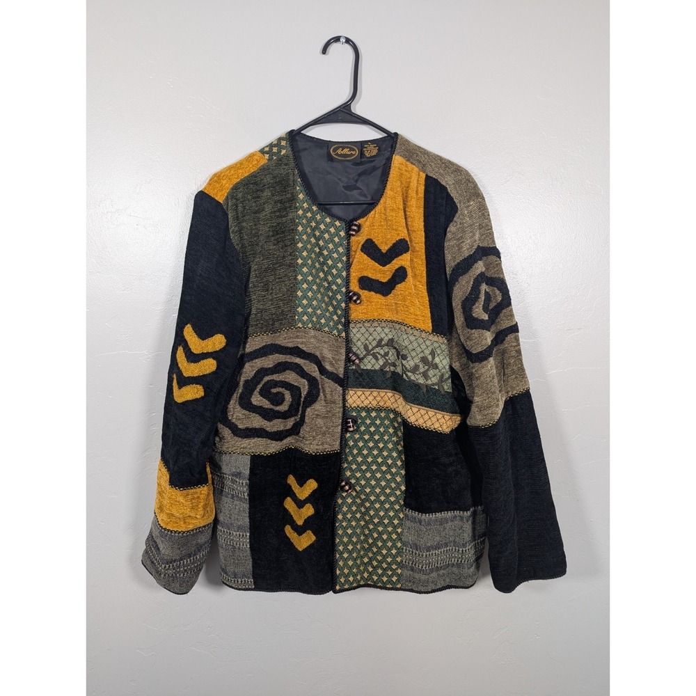 Vintage Allure Jacket L Women Toggle Front Paisley Artsy Patchwork Mix Media‎